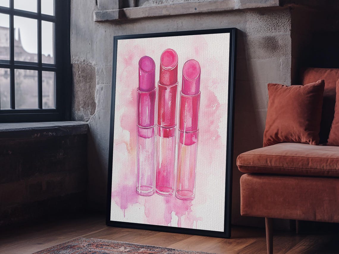 Pink Lipstick Trio Watercolor Glam Beauty Makeup Wall Art Poster - Image 2