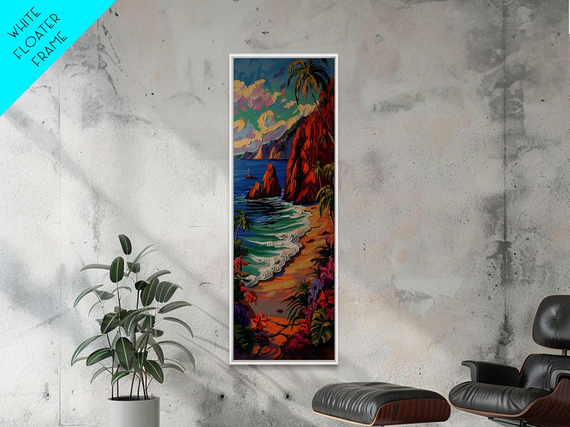 Hawaii Volcanic Cliff Cove Turquoise Surf Palm Beach Landscape Poster - Image 4