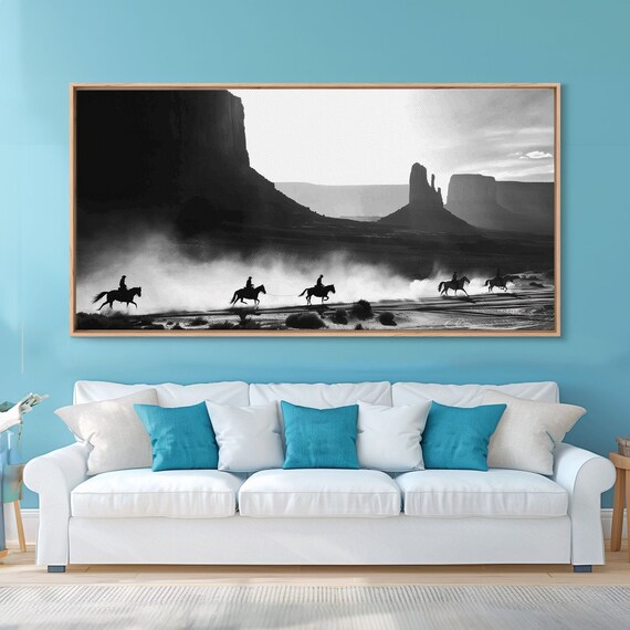 Western Riders Traversing Desert Valley Captivating Framed Print Wall Art For Living Room Or Bedroom Unique Decor