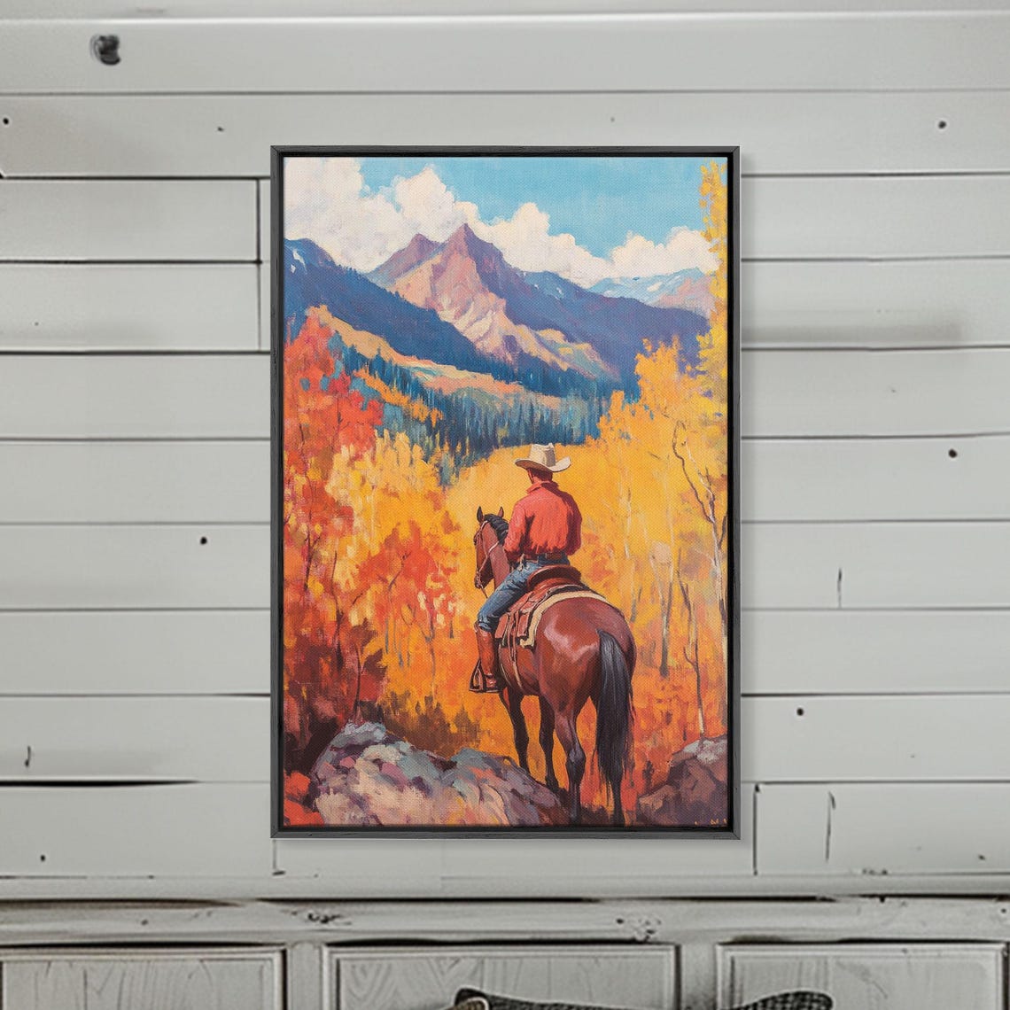 Cowboy On Horseback Overlooking Autumn Valley Golden Trees Poster - Image 2