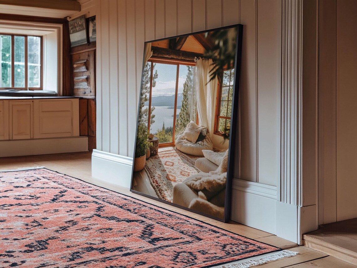 Cozy Lakeside Cabin Sunroom Panoramic Mountain Lake View Rustic Travel Poster - Image 3