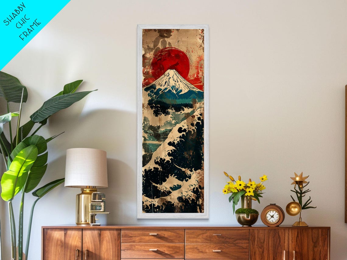 Retro Mount Fuji Under Giant Red Sun With Golden Waves Travel Poster