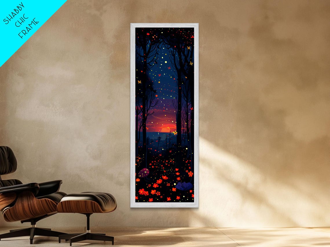 Starry Night Forest With Glowing Fireflies And Red Blooms Art Poster