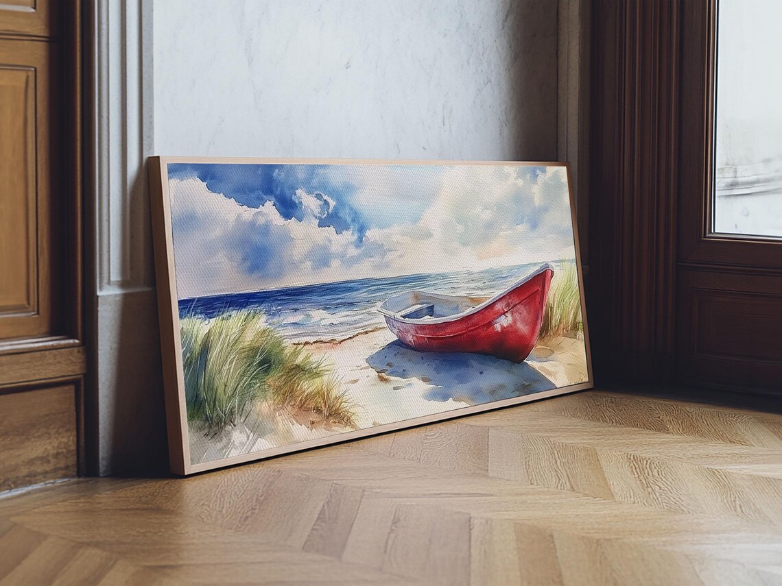 Red Canoe On Sandy Beach Panoramic Painting Ocean Waves Coastal Scene Poster - Image 2