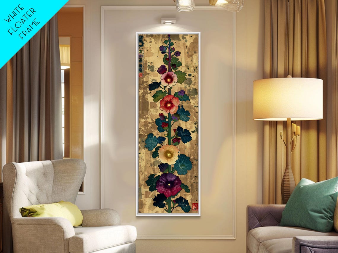 Hollyhock Flowers Gold Background Ukiyo E Tall Japanese Art Poster - Image 3