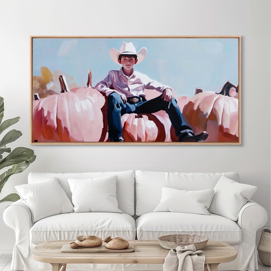 Little Cowboy In White Hat Sitting On Giant Pink Pumpkins Retro Poster - Image 5