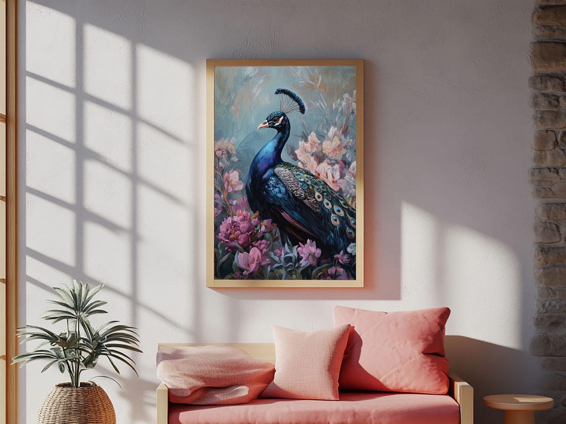 Peacock Pink Blossoms Botanical Bird Chinoiserie Elegant Floral Poster - Image 3