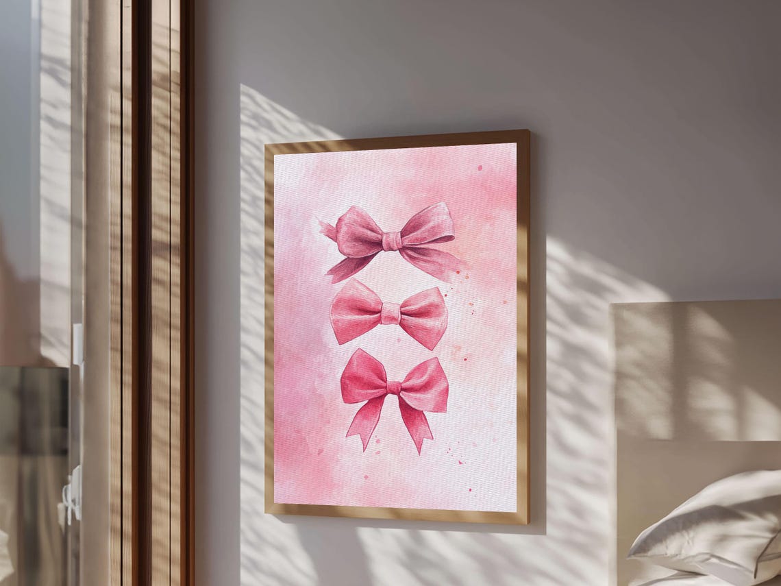 Three Pink Bows Watercolor Trio Feminine Whimsical Room Decor Poster - Image 2