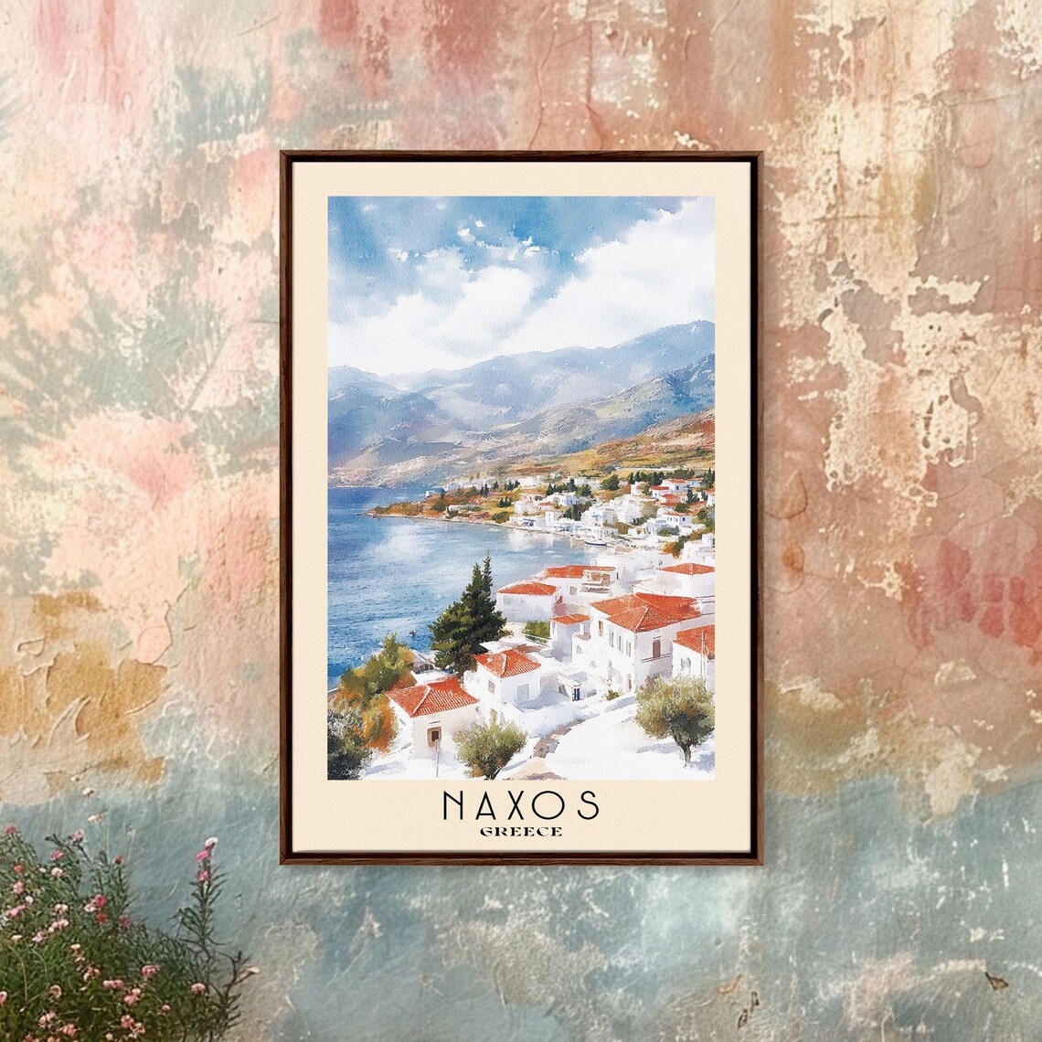 Naxos Greece White Village Red Roofs Bay View Watercolor Travel Poster