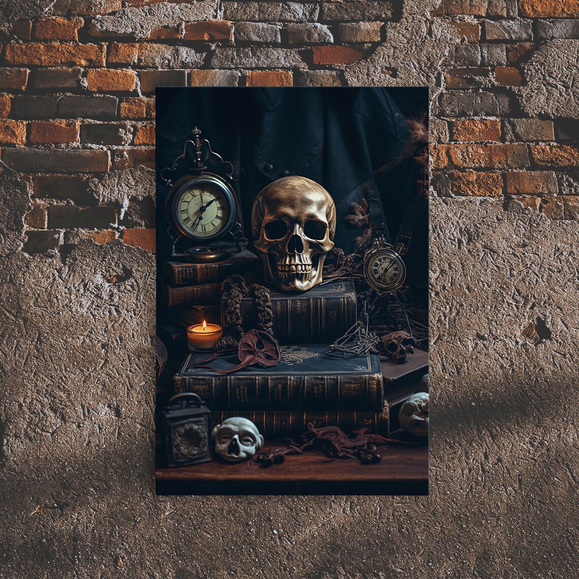 Dark Skull Vanitas Still Life Gothic Antique Clocks Books Candle Moody Wall Art Print - Image 3
