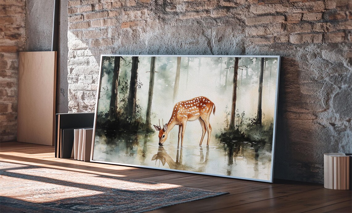 Spotted Deer Drinking Water Panoramic Painting Misty Forest Reflection Poster - Image 4