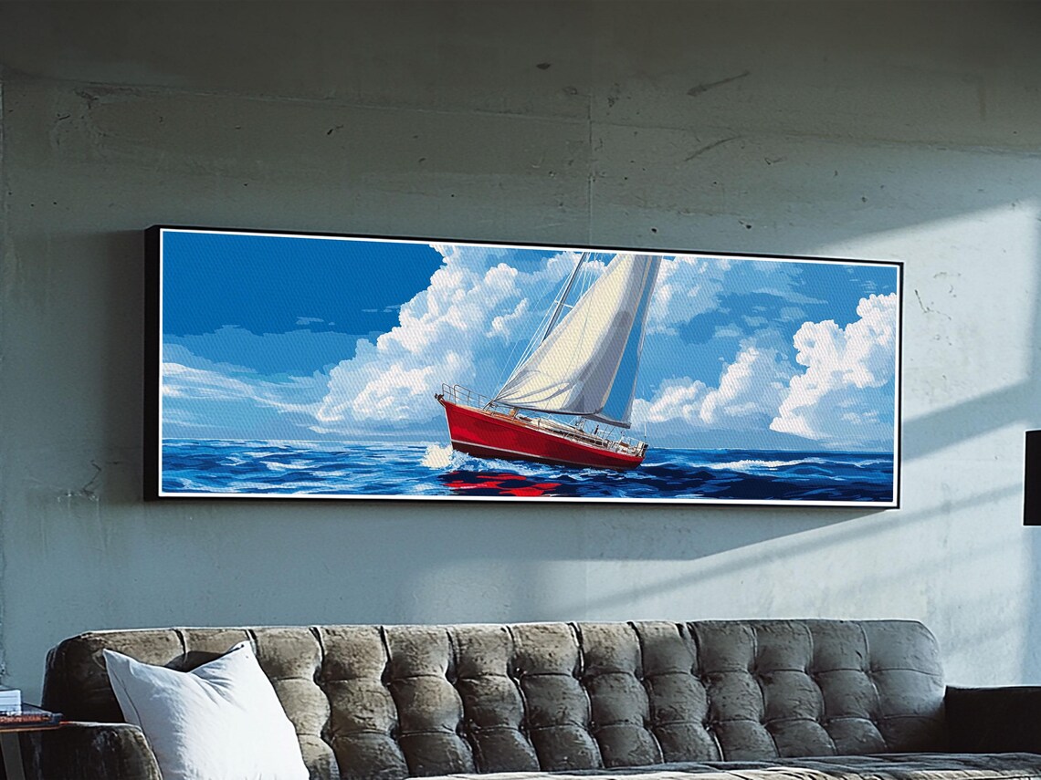 Red Sailboat Bright Blue Sea Pop Art Panoramic Nautical Wall Poster - Image 4
