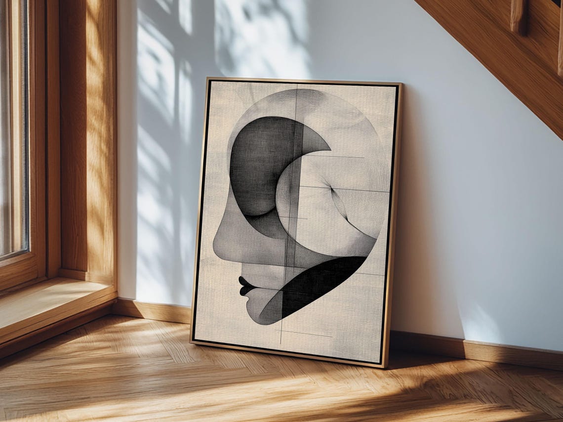 Geometric Abstract Face Profile Monochrome Modern Minimalist Art Print - Image 2