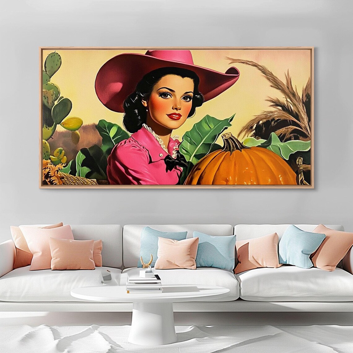 Retro Pinup Cowgirl In Pink Hat At Pumpkin Patch Autumn Harvest Poster