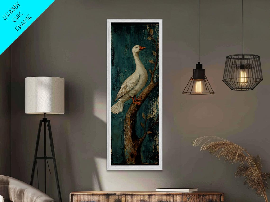 White Duck on Branch Teal Folk Art Distressed Rustic Wall Art - Image 6