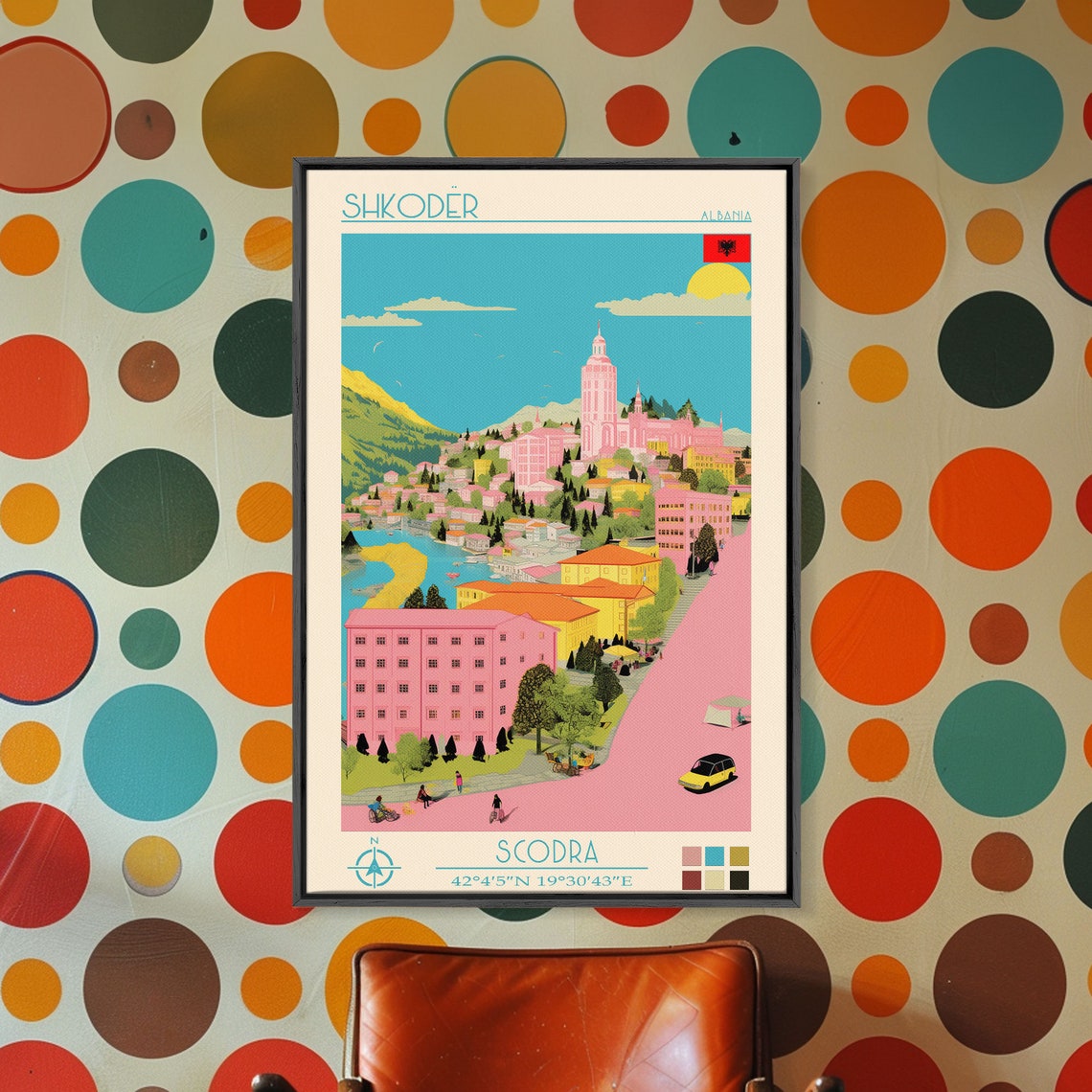 Shkoder Albania Lakeside Old Town Clock Tower Hills View Travel Poster