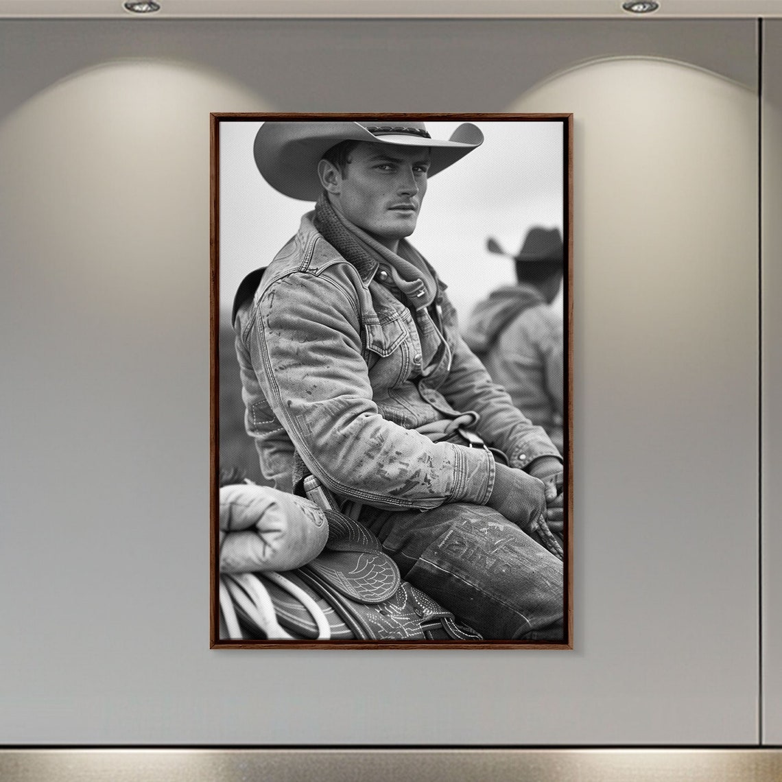 Young Cowboy Denim Jacket Black and White Western Portrait Art Poster - Image 2