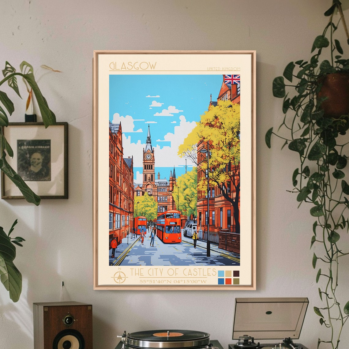 Glasgow United Kingdom Red Brick Street Clock Tower Buses Poster - Image 4