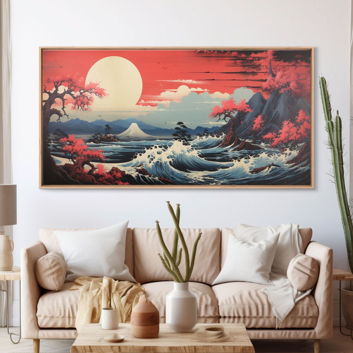 Mount Fuji Great Wave Red Sun Cherry Blossoms Japanese Woodblock Style Art Poster - Image 3