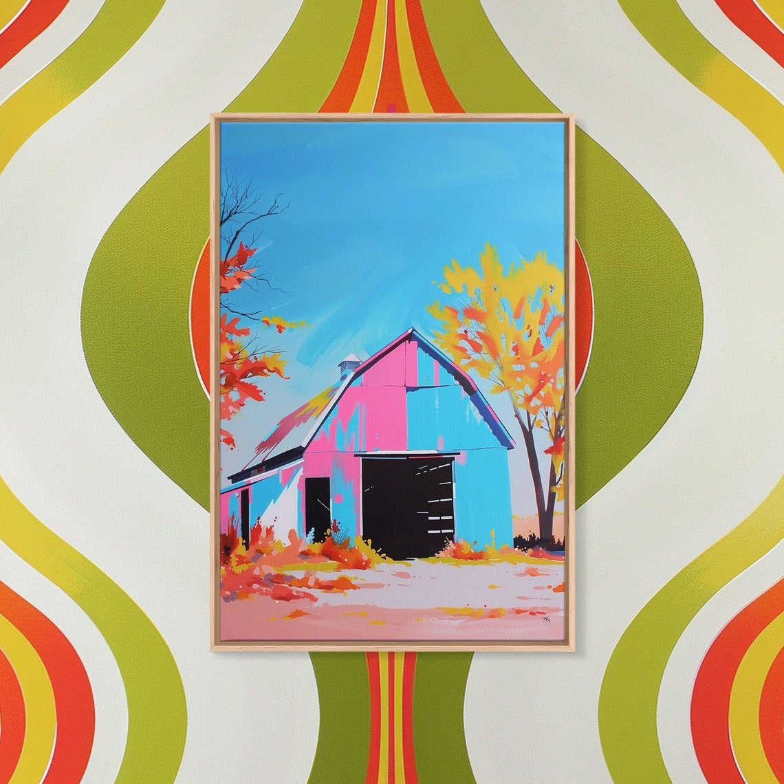 Colorful Pop Art Barn With Autumn Trees Under Blue Sky Wall Poster