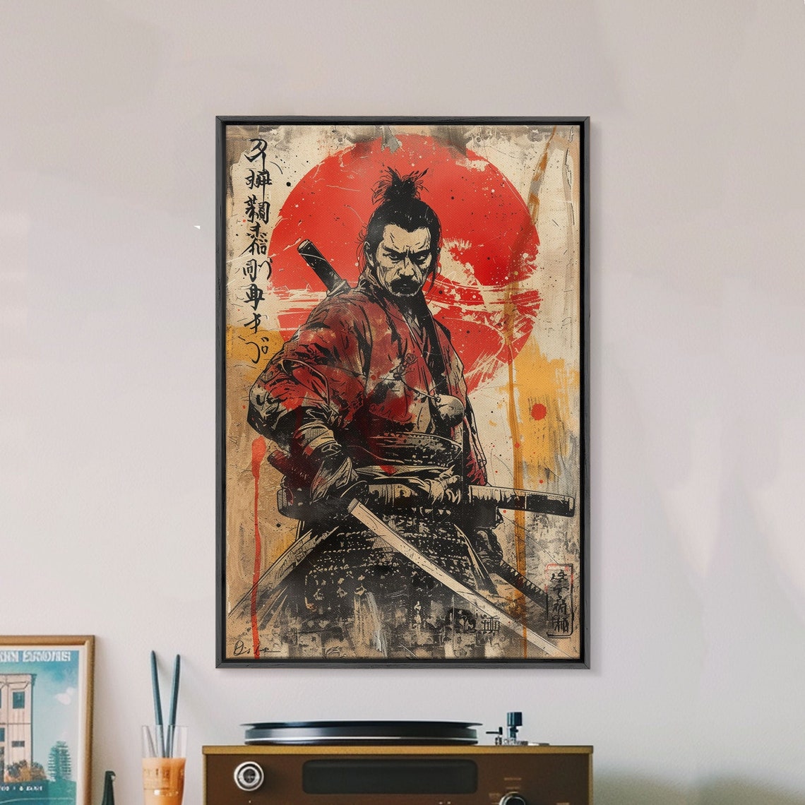 Vintage Samurai Katanas Red Sun Splatter Japanese Grunge Wall Art - Image 5