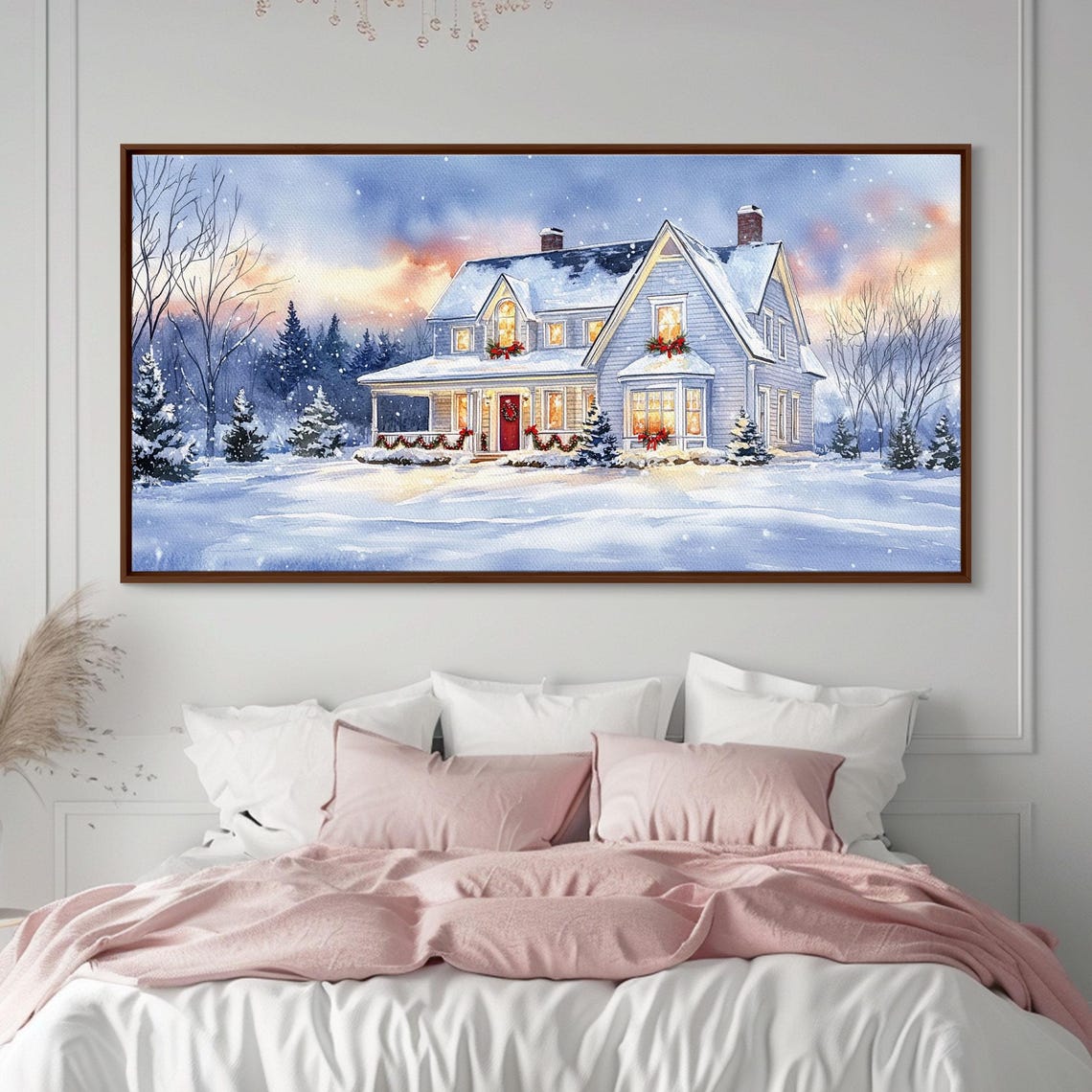 Cozy Winter Cottage Snow Christmas Lights Glowing Windows Art Print - Image 4