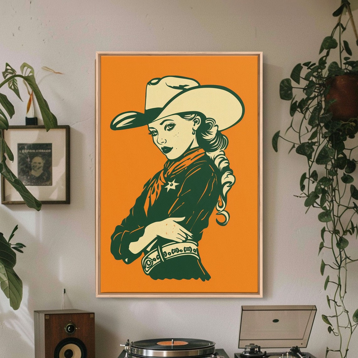 Retro Cowgirl With Hat Vintage Orange Pop Art Western Wall Art - Image 4