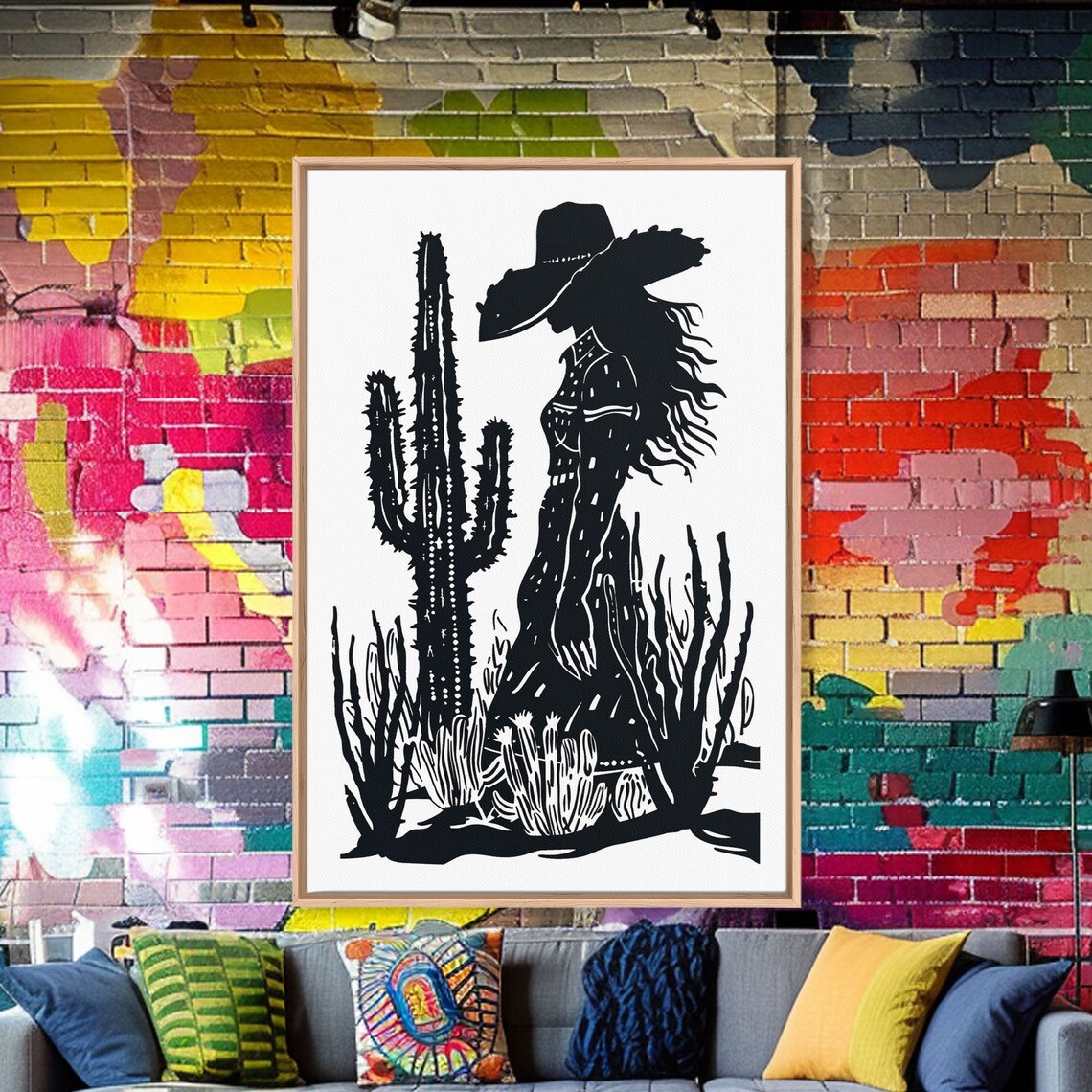 Cowgirl Silhouette Among Desert Cacti Black And White Art Poster