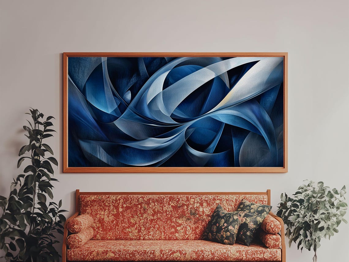 Abstract Blue Swirls Print Geometric Wall Art Horizontal Decor Moody Modern Artwork Gift Idea Living Room Panoramic Art - Image 6