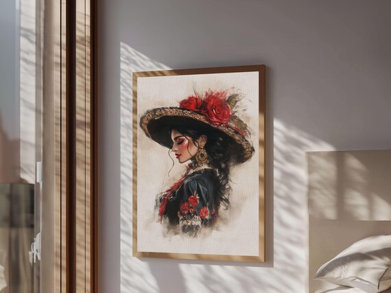 Woman In Rose Hat Spanish Style Profile Elegant Watercolor Art Poster