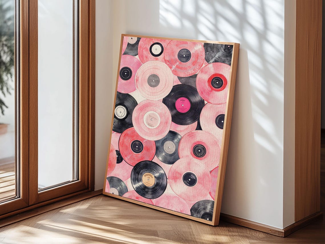 Pink And Black Vinyl Records Pattern Retro Music Wall Art Print - Image 4