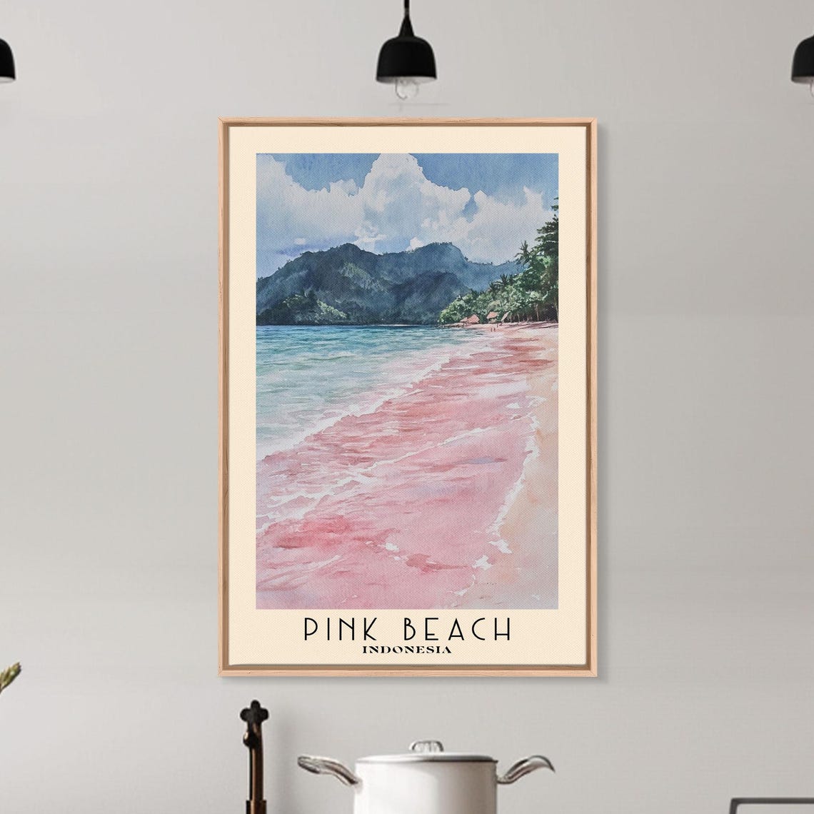 Pink Beach Indonesia Blush Sand Shore Green Hills Cloud Sky Poster - Image 6