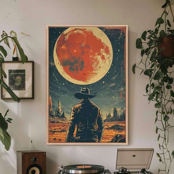 Retro Inspired Cosmic Cowboy Comic Art Print Retro Futuristic Western Art Vintage Desert Wall Art Framed And Printed Art