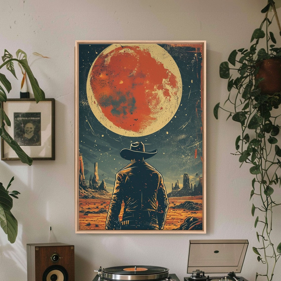 Cosmic Cowboy Poster Silhouette in Desert Canyon Under Giant Red Moon