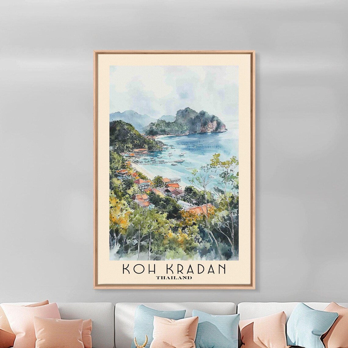Koh Kradan Thailand Karst Island Bay Boats Village View Watercolor Poster - Image 3