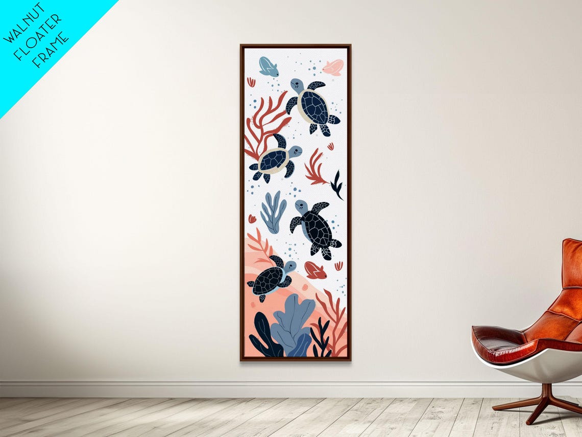 Swimming Sea Turtles Coral Reef Peach Background Ocean Tall Wall Art - Image 4