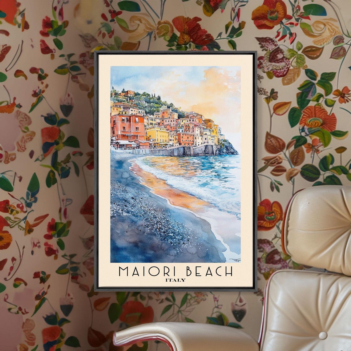 Maiori Beach Italy Colorful Cliffside Town Pebble Beach Sunset Poster - Image 2