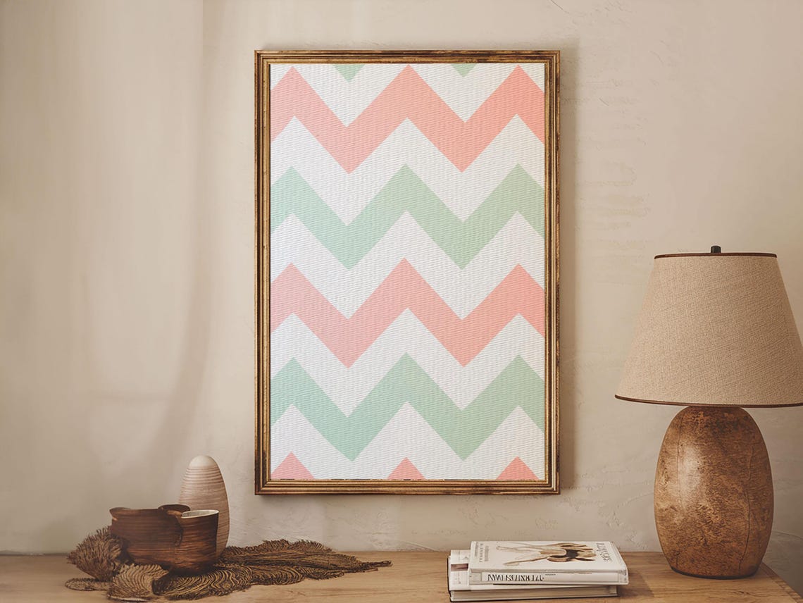 Mint Green Blush Pink Chevron Stripes Pastel Geometric Wall Art - Image 4