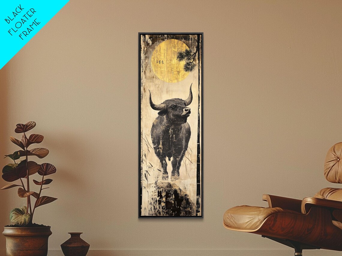Bull Moonlight Scene, Rustic Farmhouse Wall Art Print - Image 3