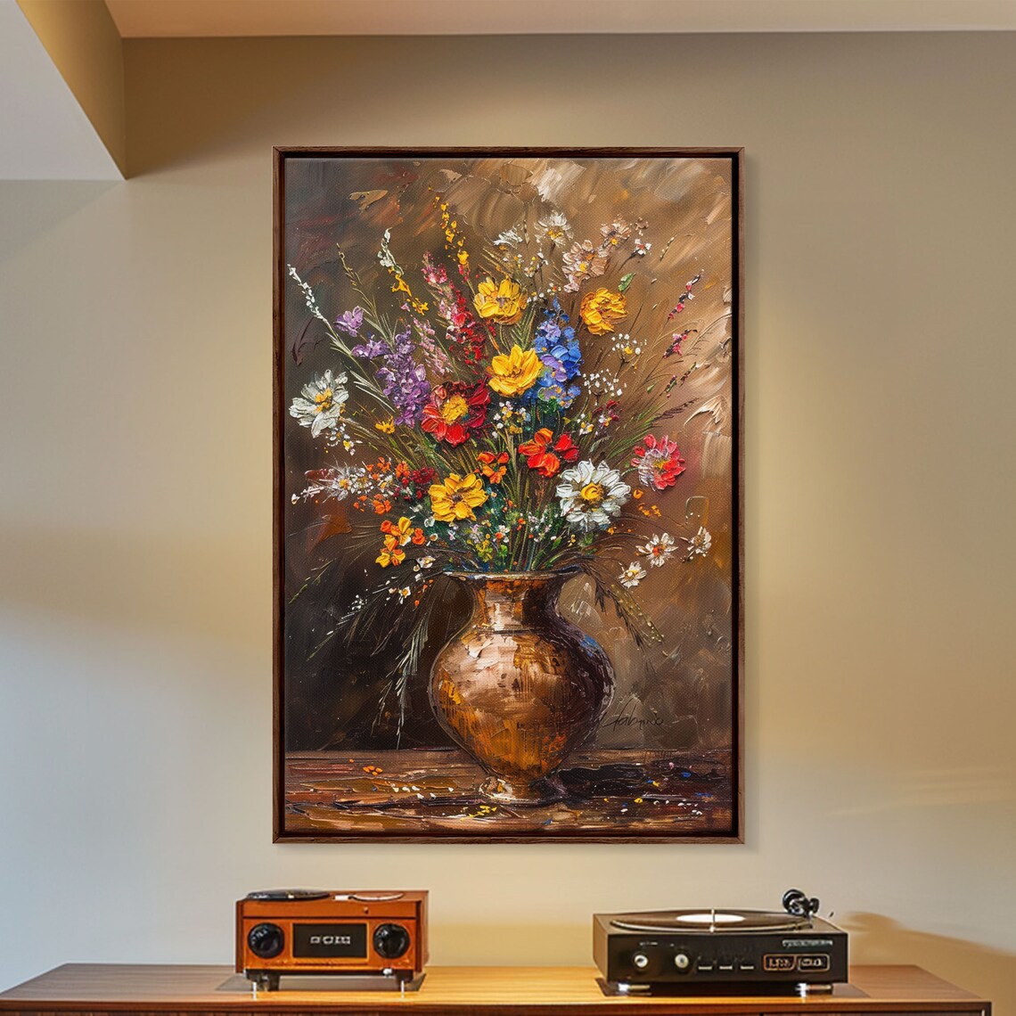 Lush Wildflower Arrangement In Bronze Vase Oil Painting Art Poster - Image 3