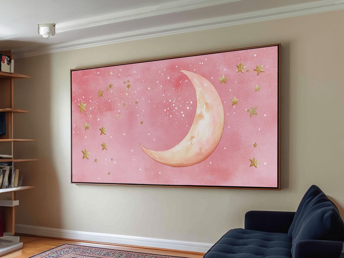 Golden Crescent Moon And Stars On Pink Watercolor Celestial Sky Poster - Image 2
