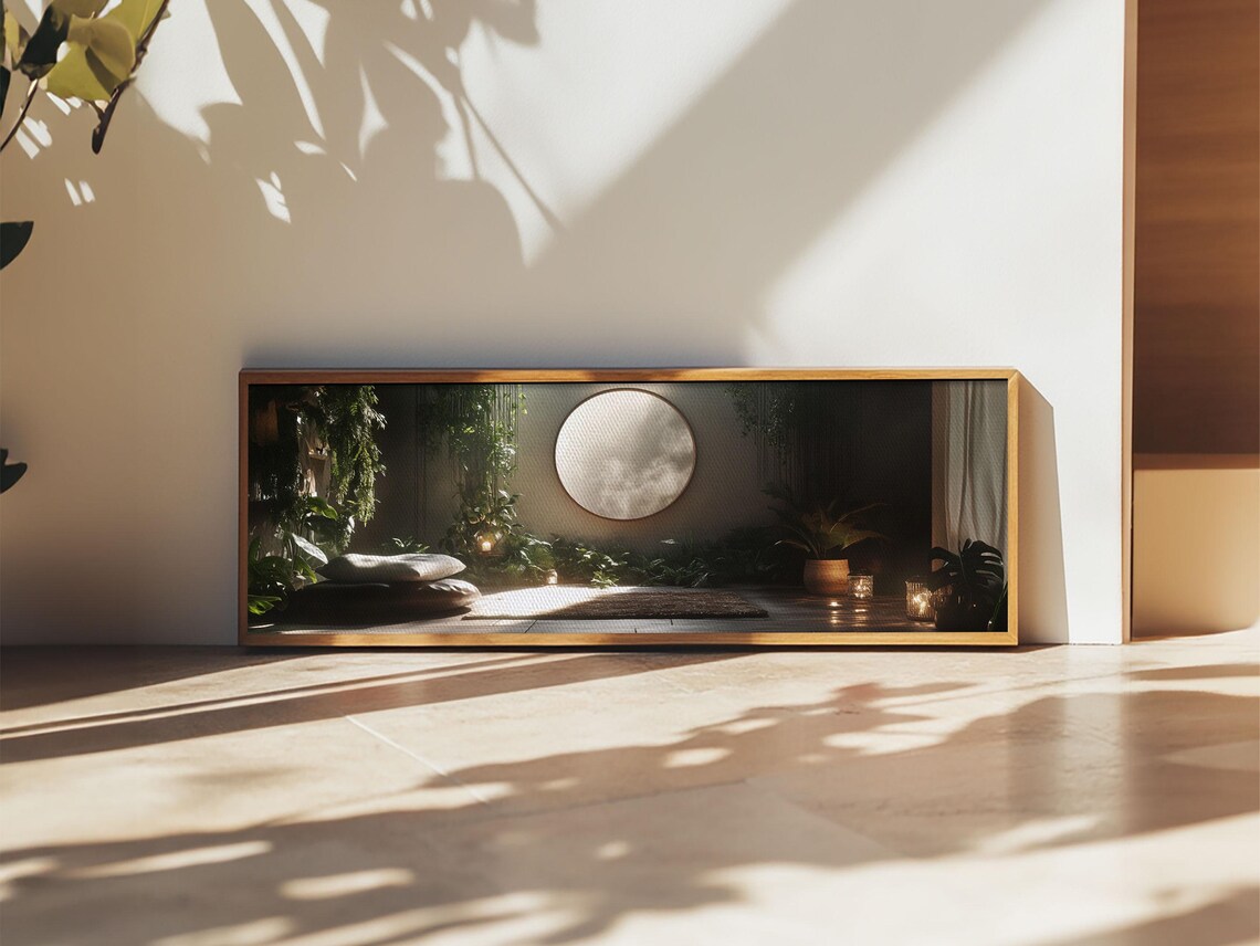 Zen Indoor Jungle Meditation Room Glowing Moon Window Panoramic Art Print - Image 3