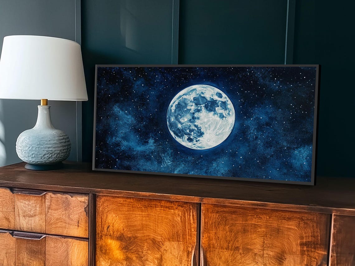 Full Moon Starry Deep Blue Night Sky Celestial Abstract Wall Art - Image 2