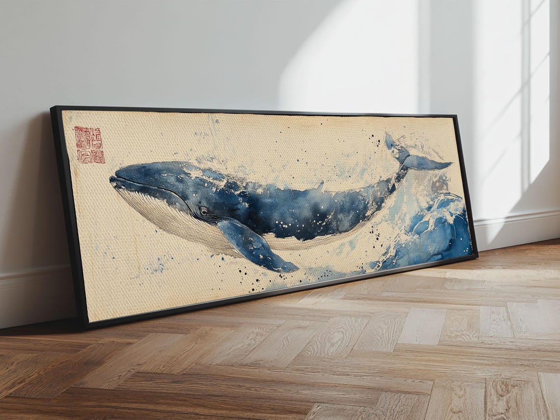 Panoramic Blue Whale Swimming Ocean Wave Watercolor Wall Poster - Image 5