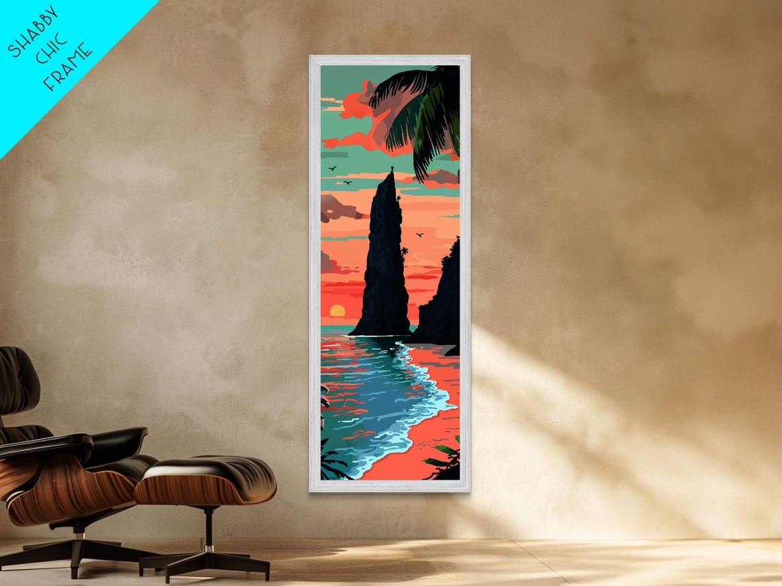 Towering Coastal Rock Formation During Sunset With Palm Trees For Serene Beach Wall Art Japanese Style Framed Print - Image 2