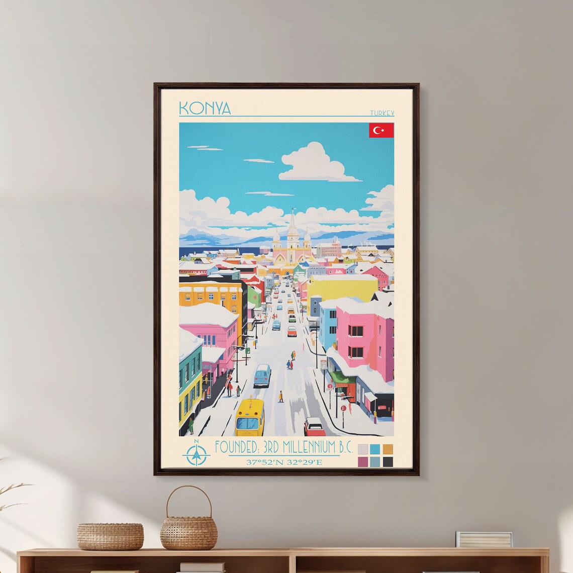 Konya Turkey Colorful Snowy Cityscape Mosque Domes Mountain Poster - Image 2