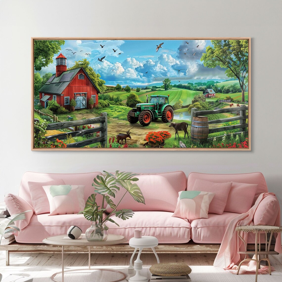 Red Barn Green Tractor Goats Pond Country Farm Summer Art Poster - Image 2