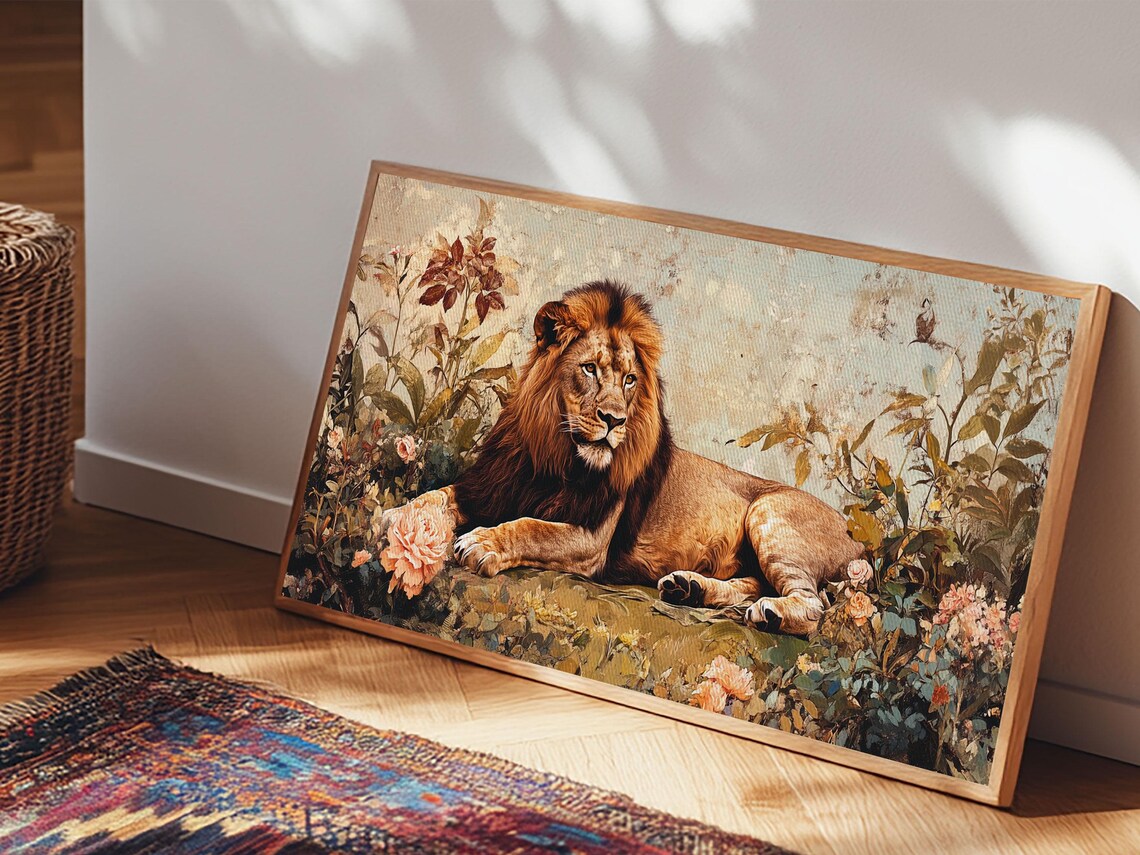 Regal Lion Reclining In Wildflowers Vintage Safari Wildlife Wall Art Print - Image 5
