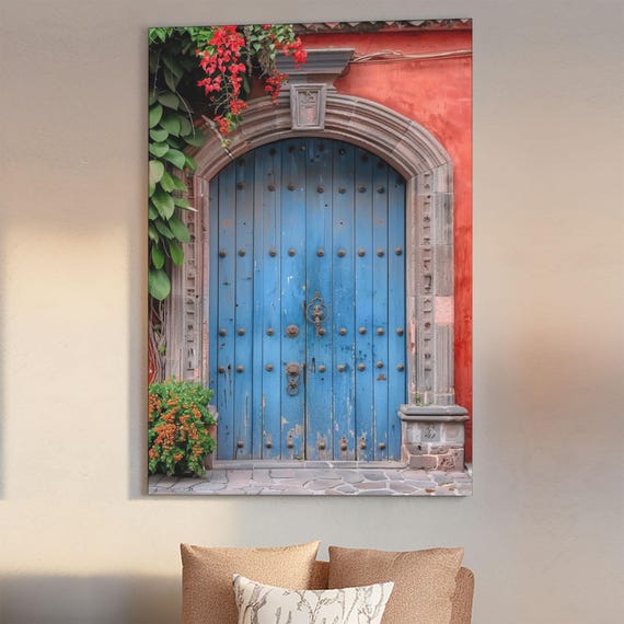 Traditional Mexican Style Rustic Blue Door Tall Art Framed Print Featuring Detailed Architecture
