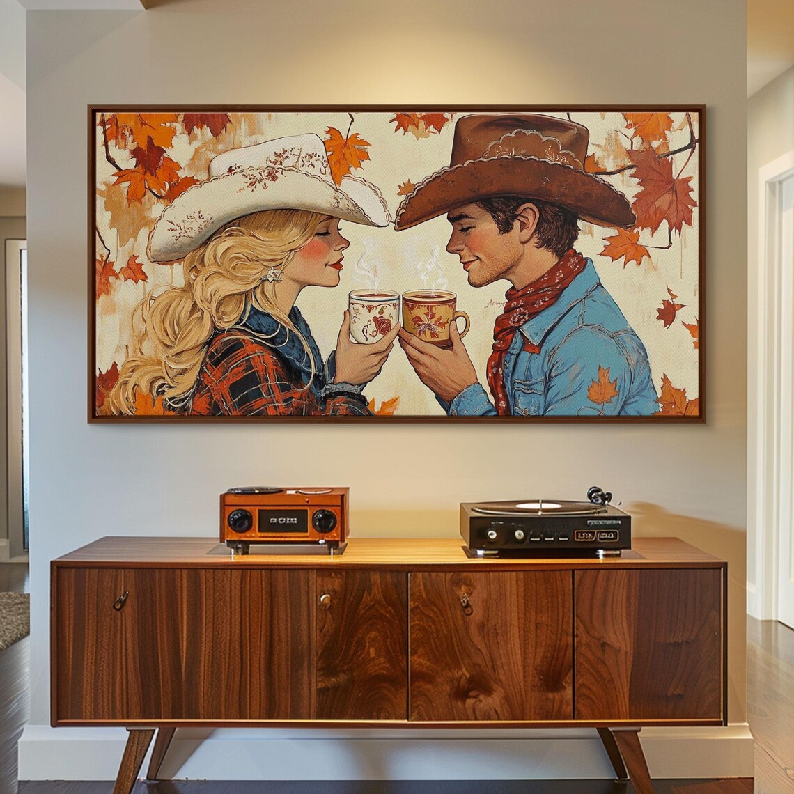Cowboy Cowgirl Couple Sharing Hot Cocoa In Fall Vintage Style Poster - Image 4